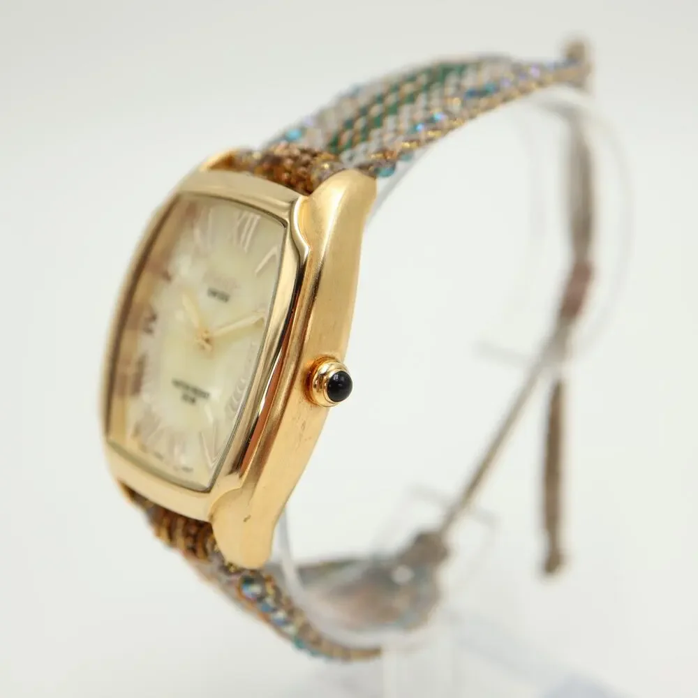 Activa Swiss Gold Tone Womens 33mm MOP Watch Custom Fabric Strap w New Battery